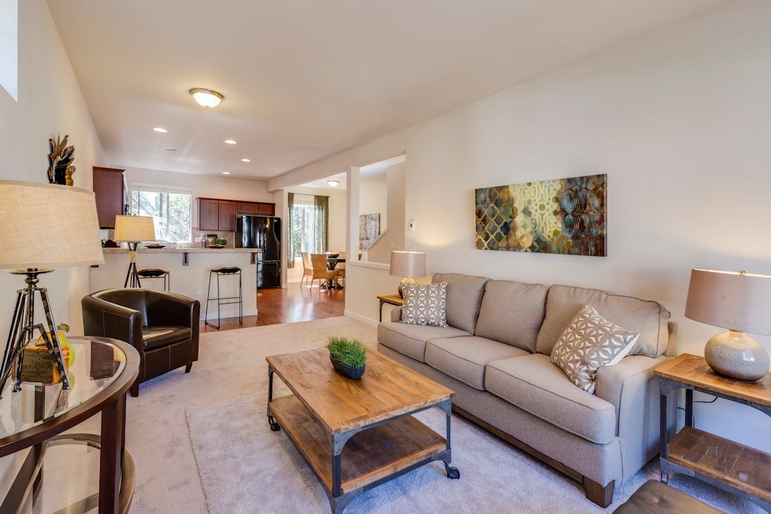 Bright, freshly cleaned living room and kitchen